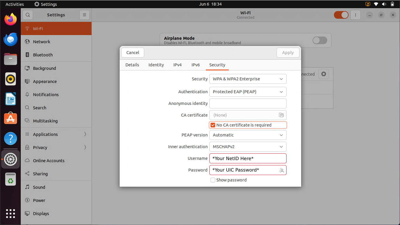 A user with a GNOME desktop connecting to UIC WiFi.